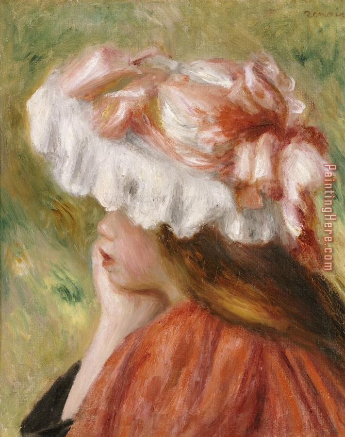 Pierre Auguste Renoir Head of a Young Girl in a Red Hat